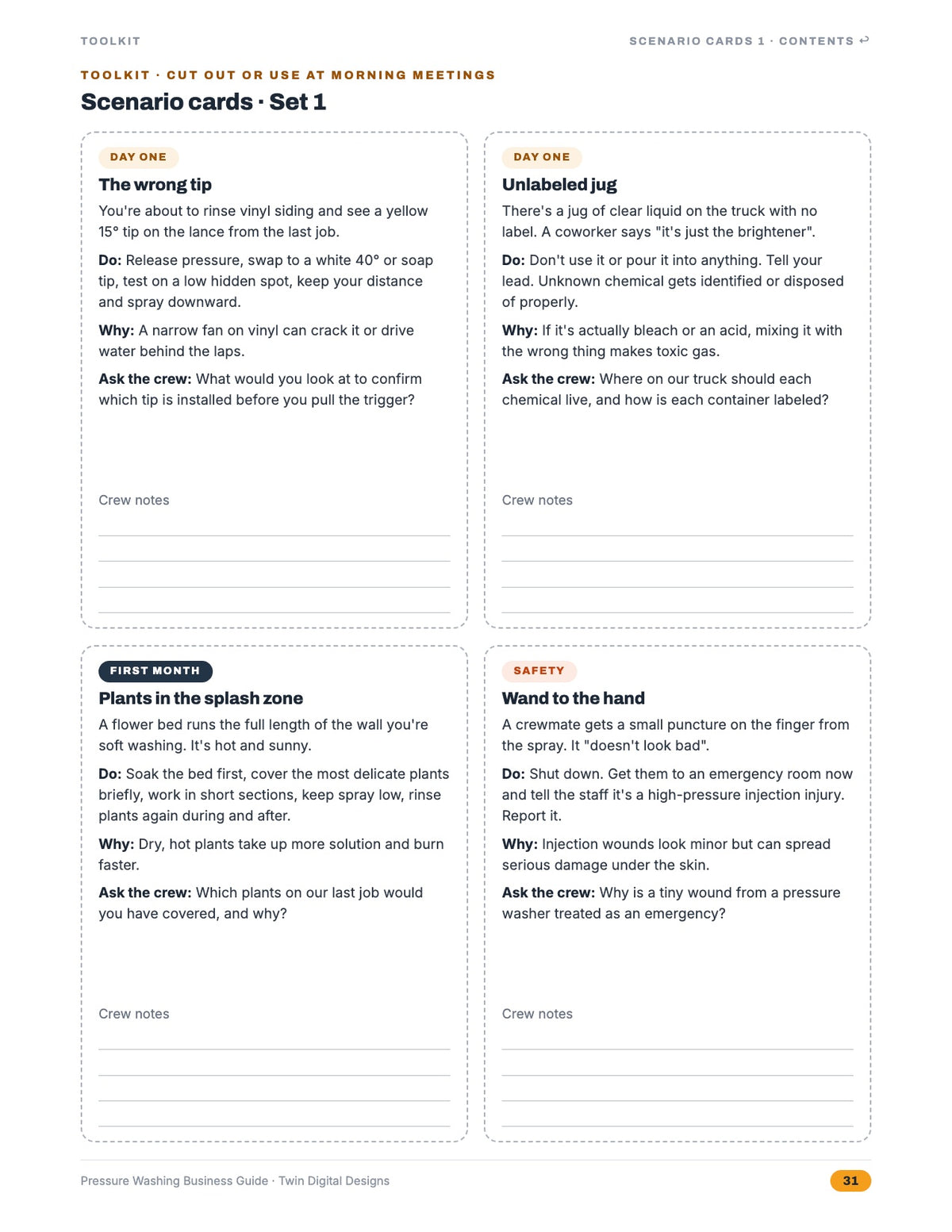 Inside page: scenario cards