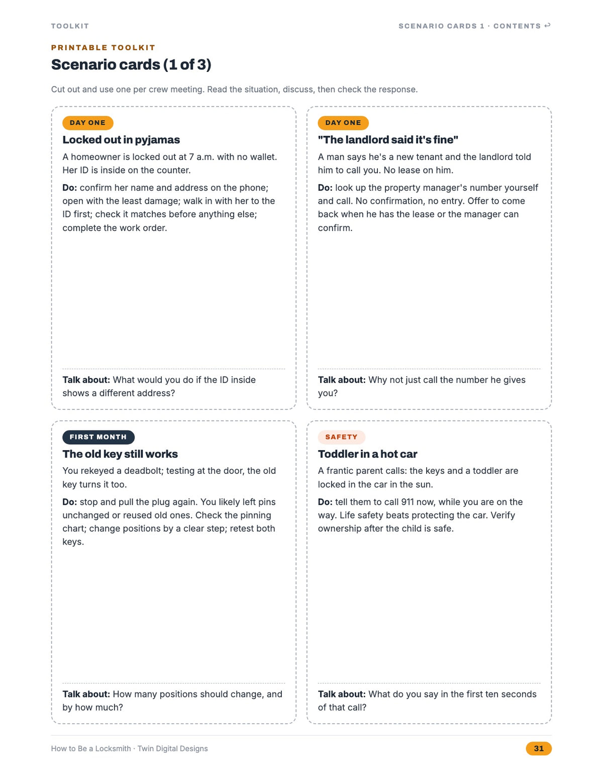 Inside page: scenario cards