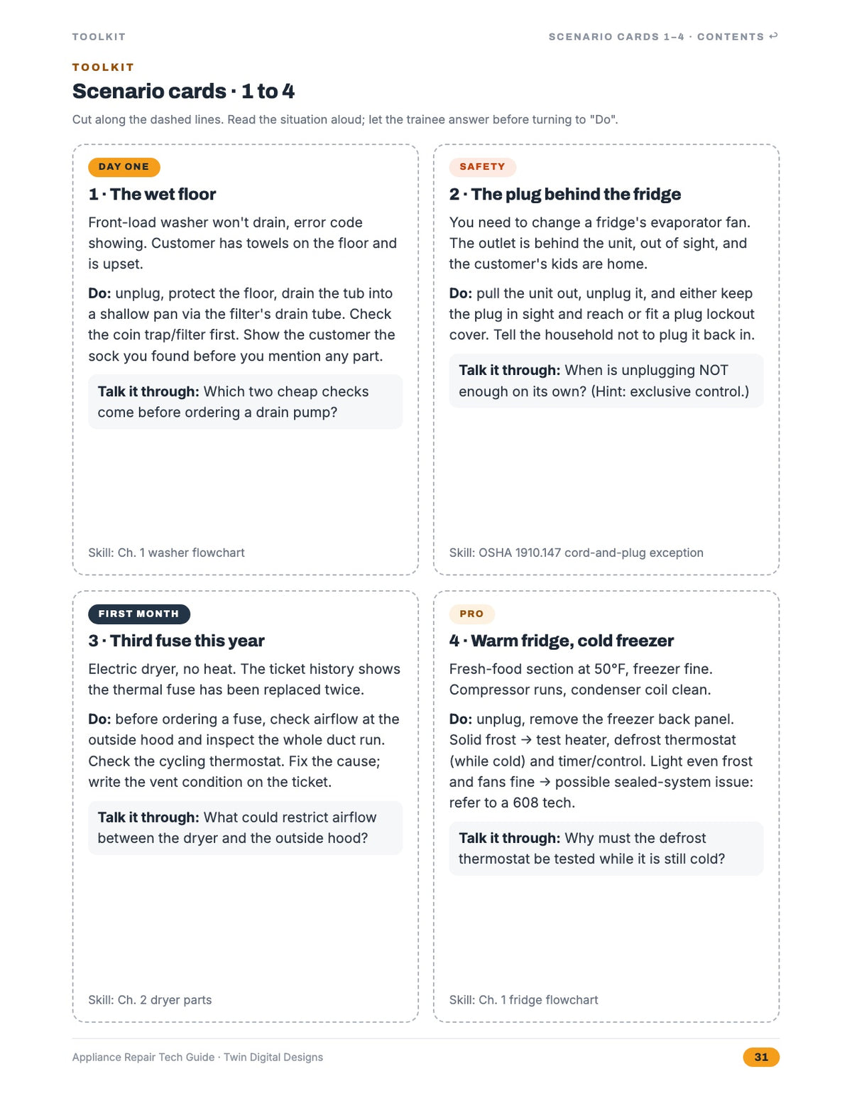 Inside page: scenario cards