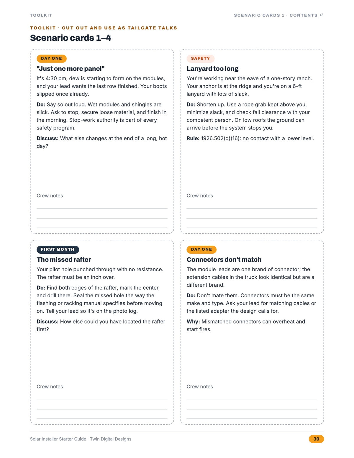 Inside page: scenario cards