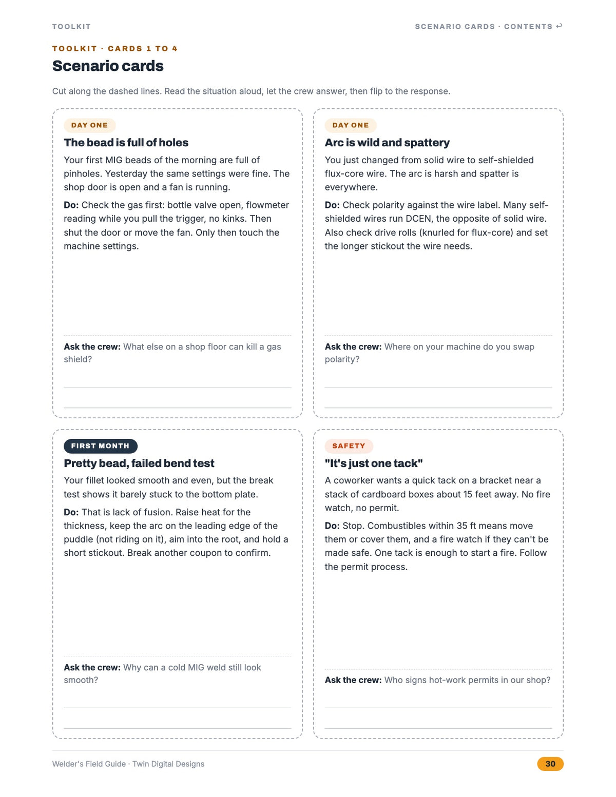 Inside page: scenario cards