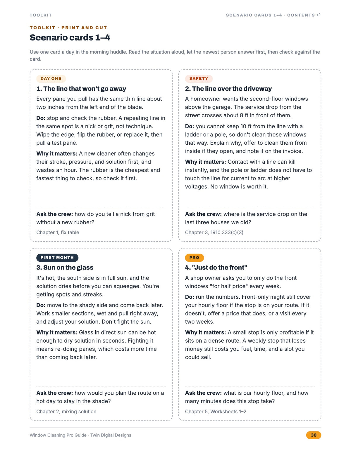Inside page: scenario cards